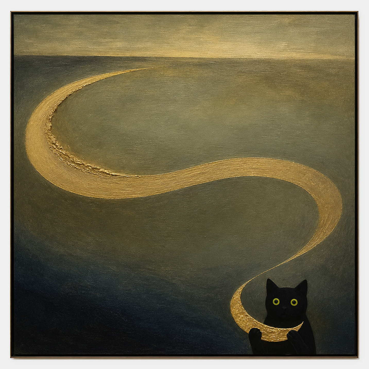 Hand-painted black cat canvas with a sweeping antique gold thread.