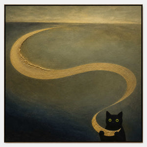 Hand-painted black cat canvas with a sweeping antique gold thread.