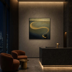 Square cat painting displayed in a Tokyo boutique hotel lobby.