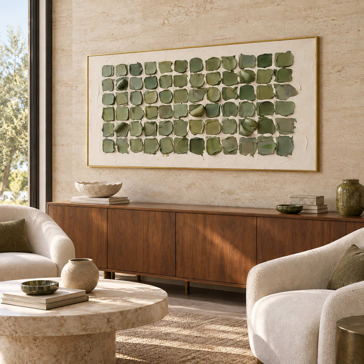 Keeping a Little Spring in a gold frame above a wood sideboard beside rounded cream chairs in a commercial lobby.