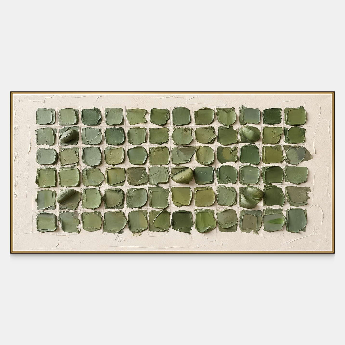 Front view of Keeping a Little Spring, rows of raised sage and olive rounded squares surrounded by a broad cream margin.