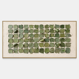 Front view of Keeping a Little Spring, rows of raised sage and olive rounded squares surrounded by a broad cream margin.