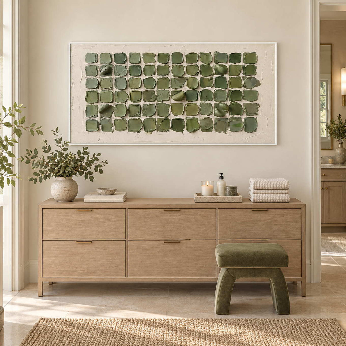 Keeping a Little Spring in a white frame above a light wood cabinet with folded towels and a green stool nearby.