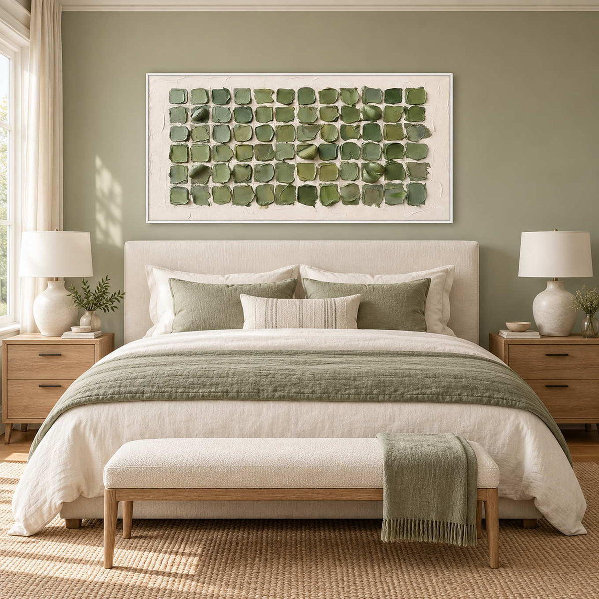 Keeping a Little Spring in a white frame above a cream bed with sage bedding and a green throw on the bench.