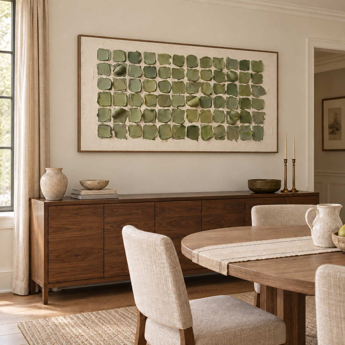 Keeping a Little Spring in a wood frame above a dark sideboard beside a round wood dining table and cream chairs.