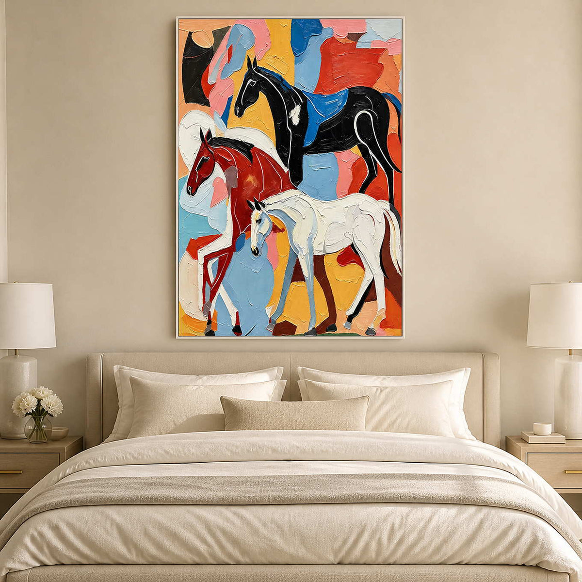 White framed equestrian painting with three horses against colorful patches above a bedroom headboard.