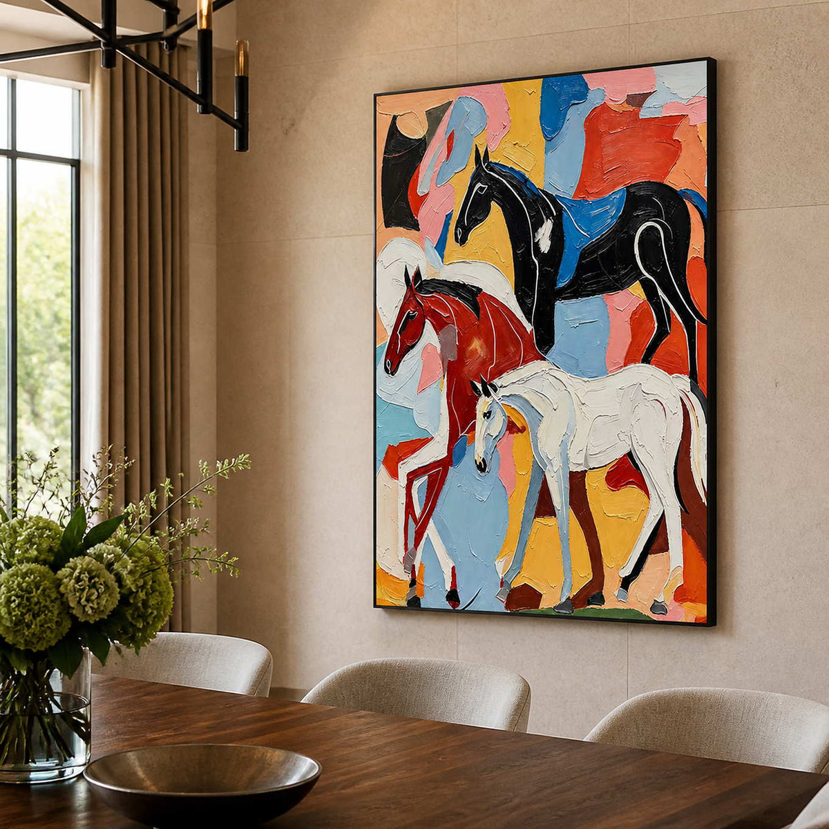 Black framed colorful artwork with three outlined horses above a wooden dining table.