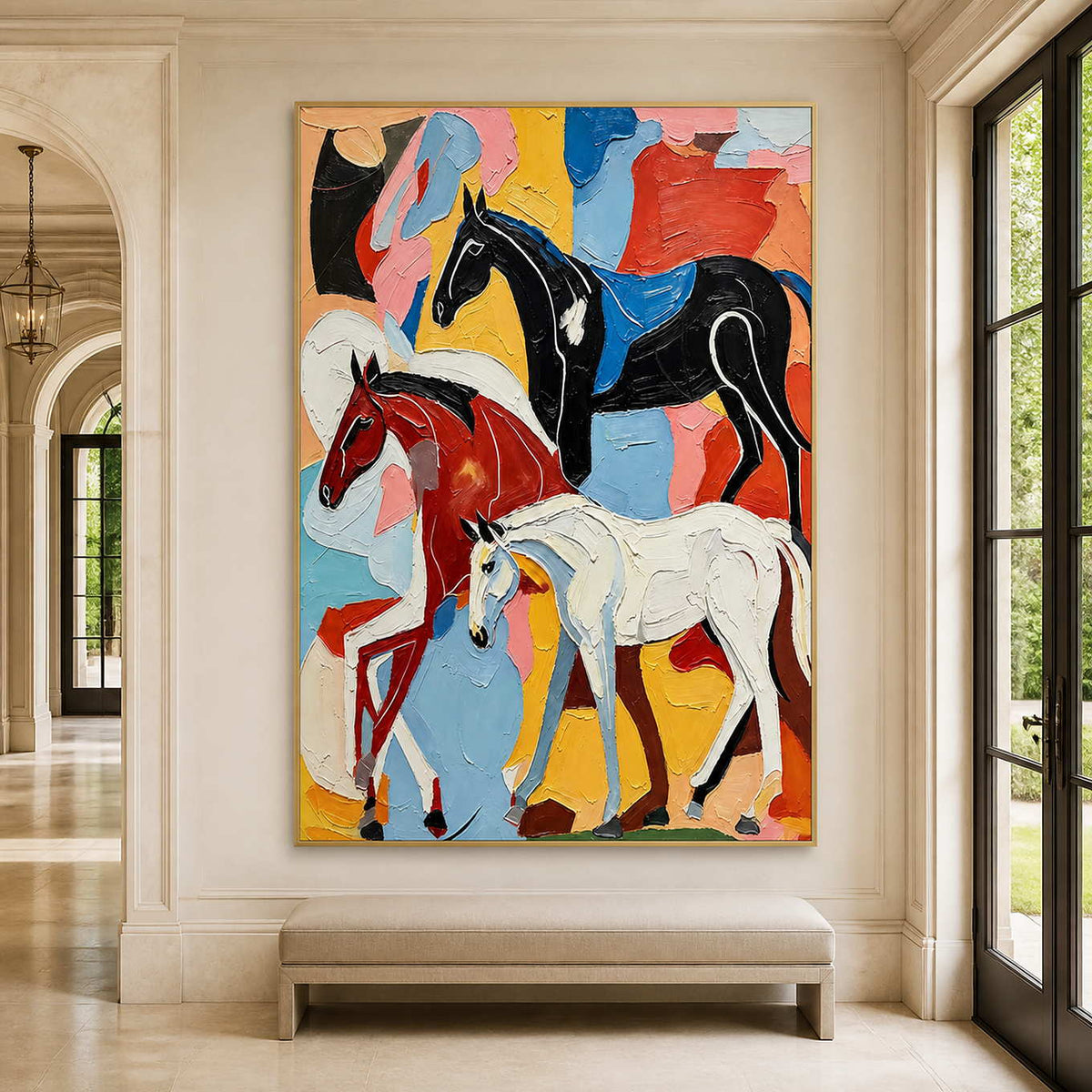 Gold framed equestrian painting with black, red-brown, and white horses above a hallway bench.