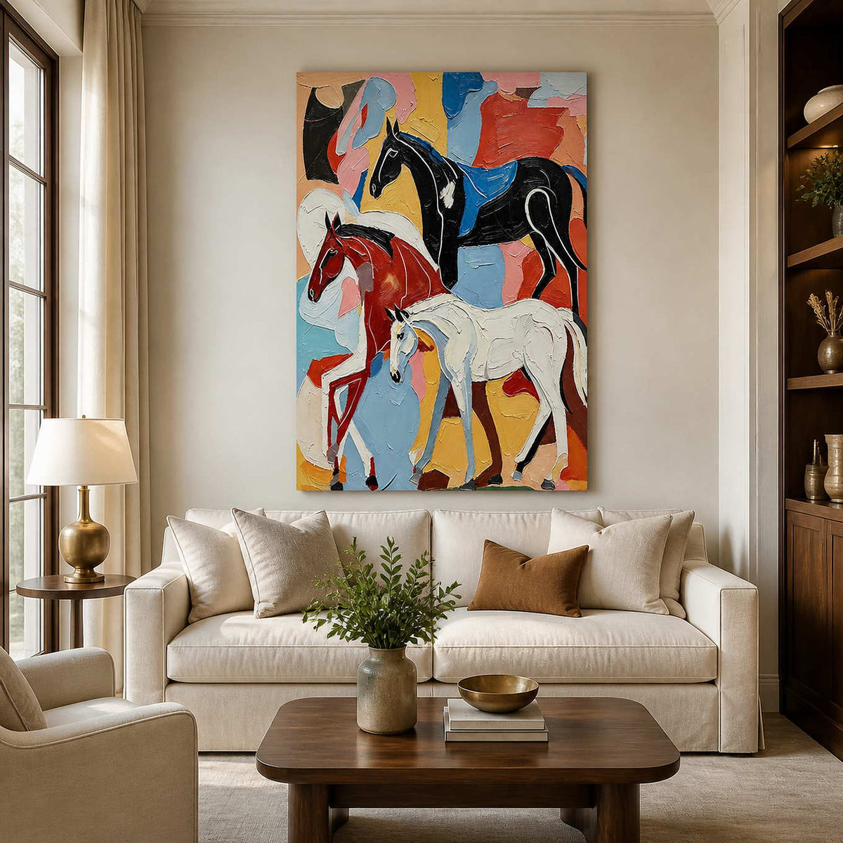 Frameless colorful equestrian artwork showing three horses above a cream living room sofa.