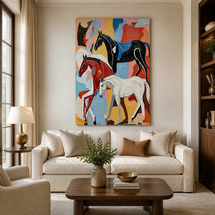 Frameless colorful equestrian artwork showing three horses above a cream living room sofa.