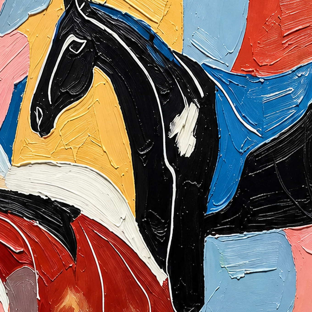 Close-up of the black horse, white outlines, and raised blue and yellow paint.