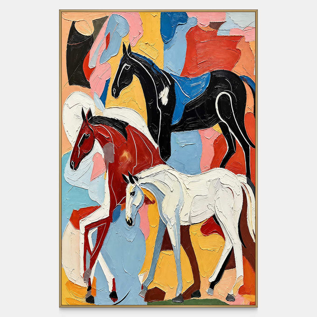Three black, red-brown, and white horses overlap blue, yellow, and coral patches in vertical artwork.