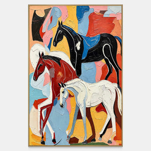 Three black, red-brown, and white horses overlap blue, yellow, and coral patches in vertical artwork.