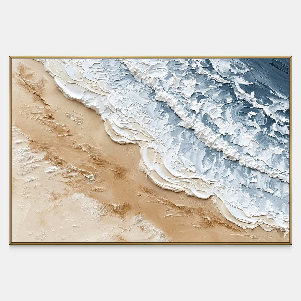 Front view of Kissing the Shore, with diagonal blue-gray surf and thick white foam meeting warm beige sand.