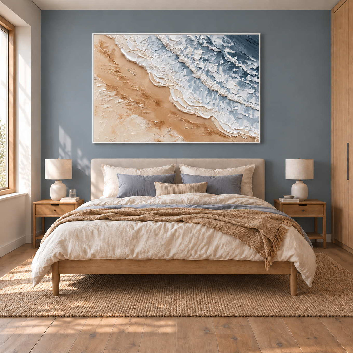 Kissing the Shore in a white frame above a wood bed with cream bedding and a tan throw.