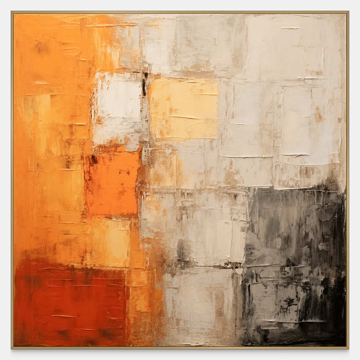 Square abstract painting with orange, rust, cream, and dark gray textured blocks.