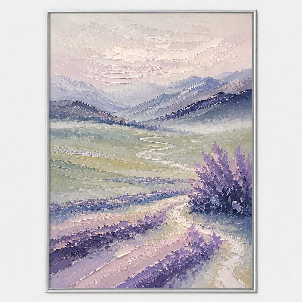 Hand-painted textured landscape wall art with pink & blush, green, and neutral tones.