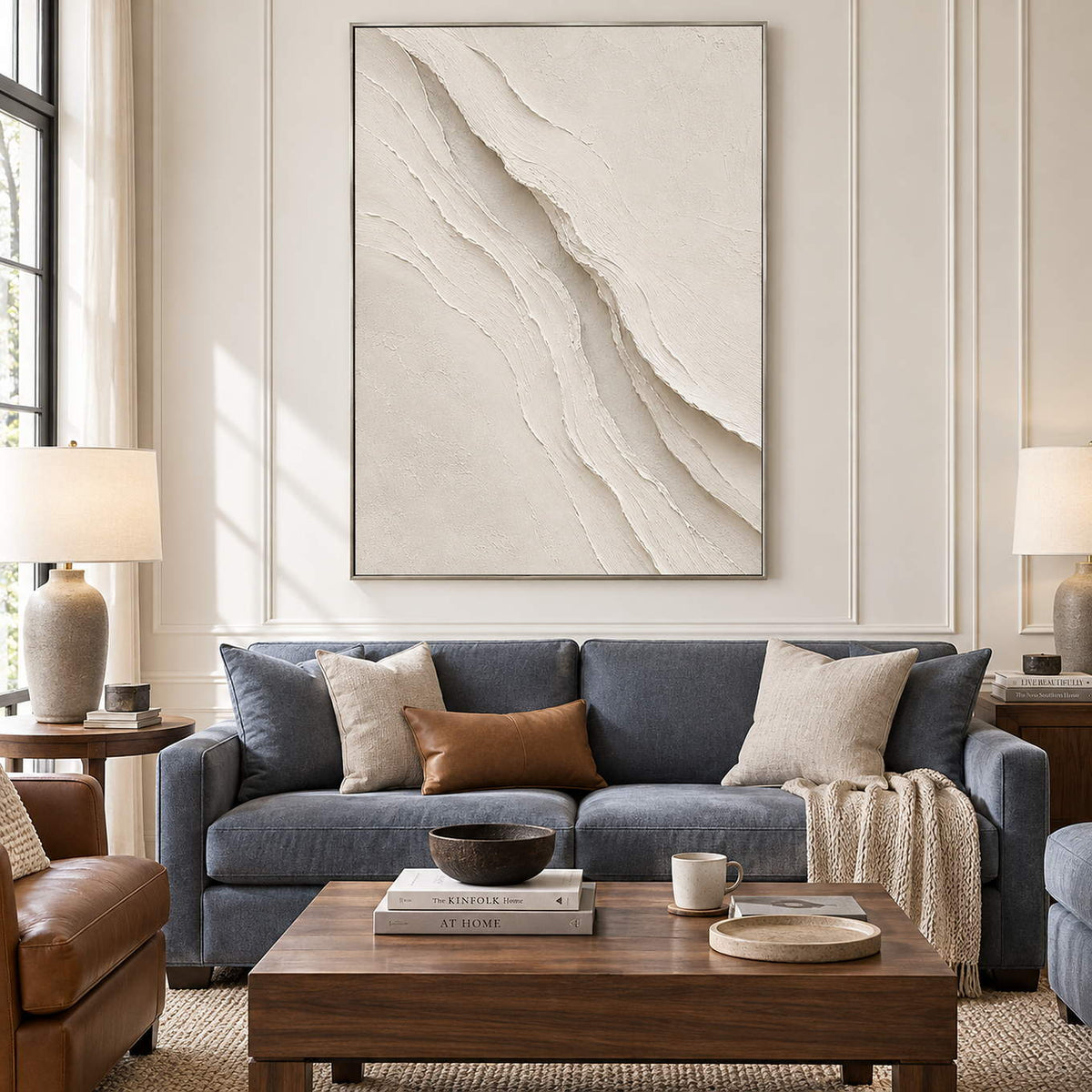 Hand-painted ivory abstract wall art with layered cream palette-knife relief, displayed in a living room in a silver frame.