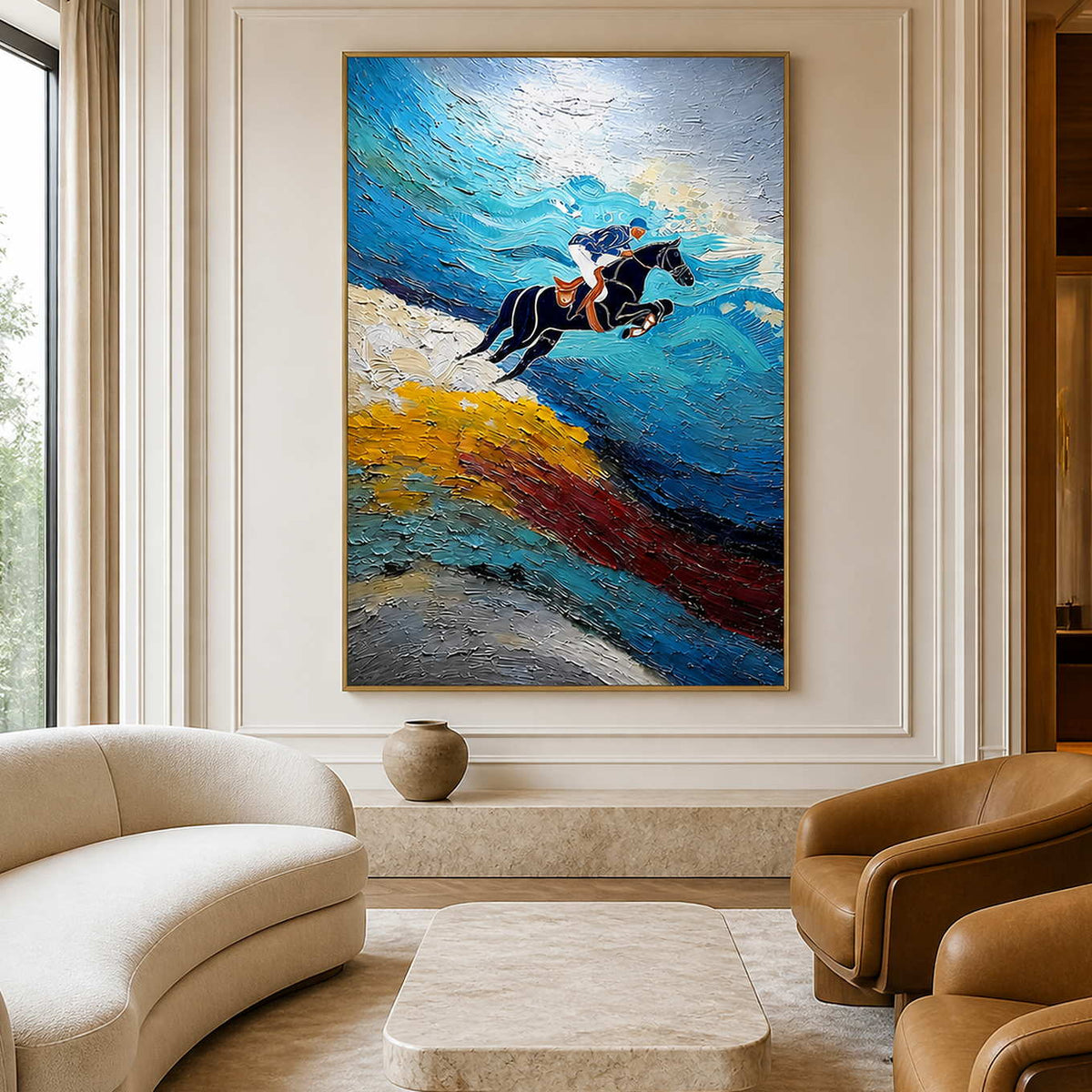 Gold framed blue equestrian painting between a curved sofa and brown leather armchair.