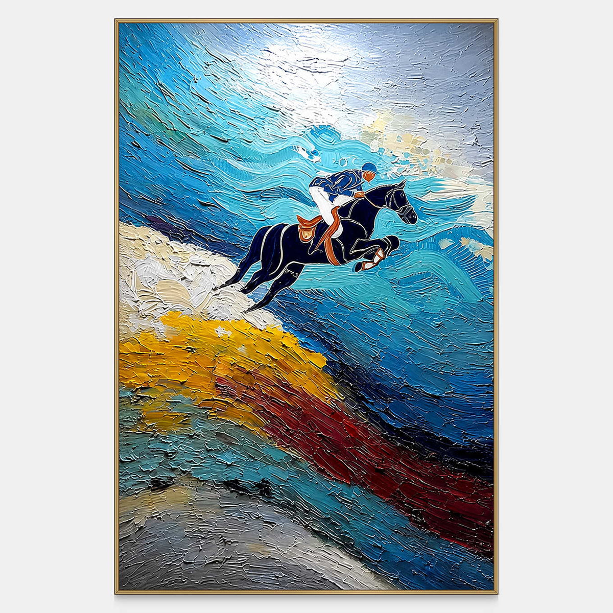 Vertical equestrian painting of a rider and dark horse leaping against textured blue waves.