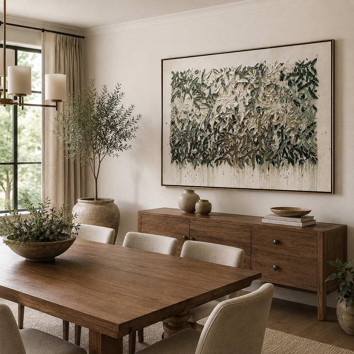 Olive botanical canvas displayed in a refined dining room.