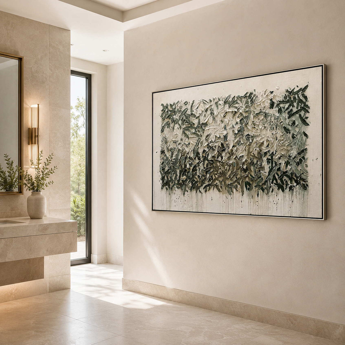 Textured green wall art in a modern interior.