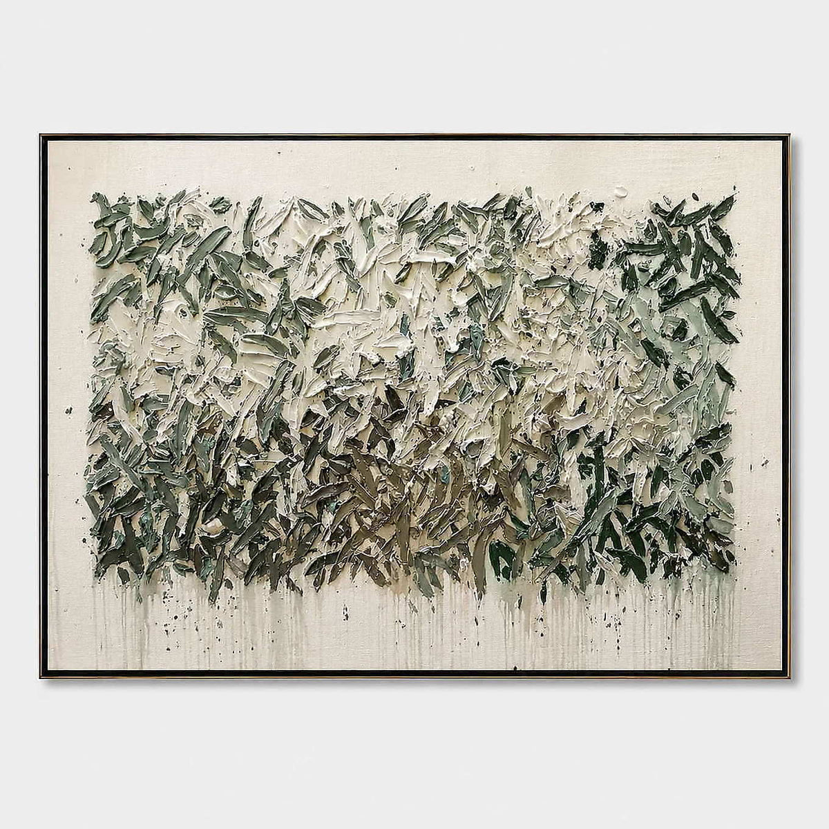 Hand-painted textured botanical canvas with olive green leaves.