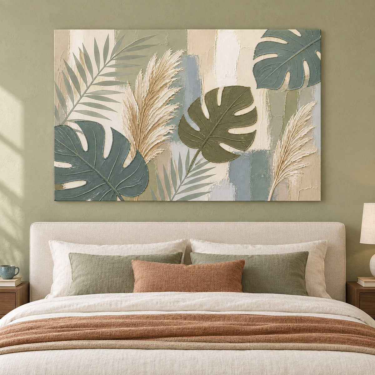 Sage leaves and ivory pampas grasses painting without an outer frame in a bedroom.