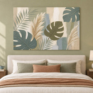 Sage leaves and ivory pampas grasses painting without an outer frame in a bedroom.