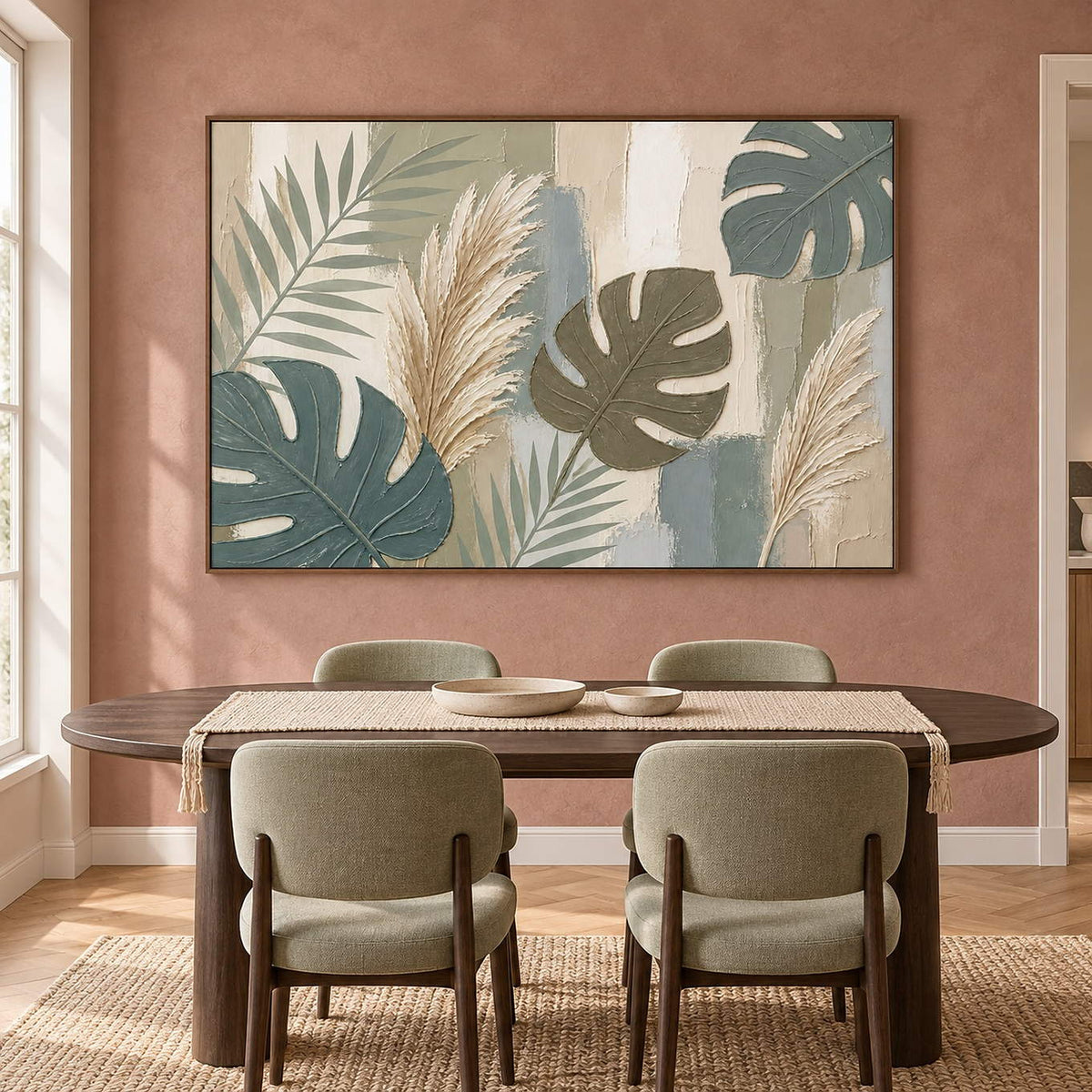 Sage leaves and ivory pampas grasses painting in a brown wood frame in a dining room.