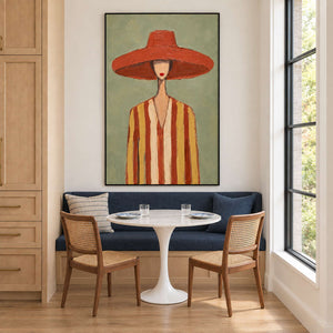 Warm striped portrait above a navy dining bench with a white round table.