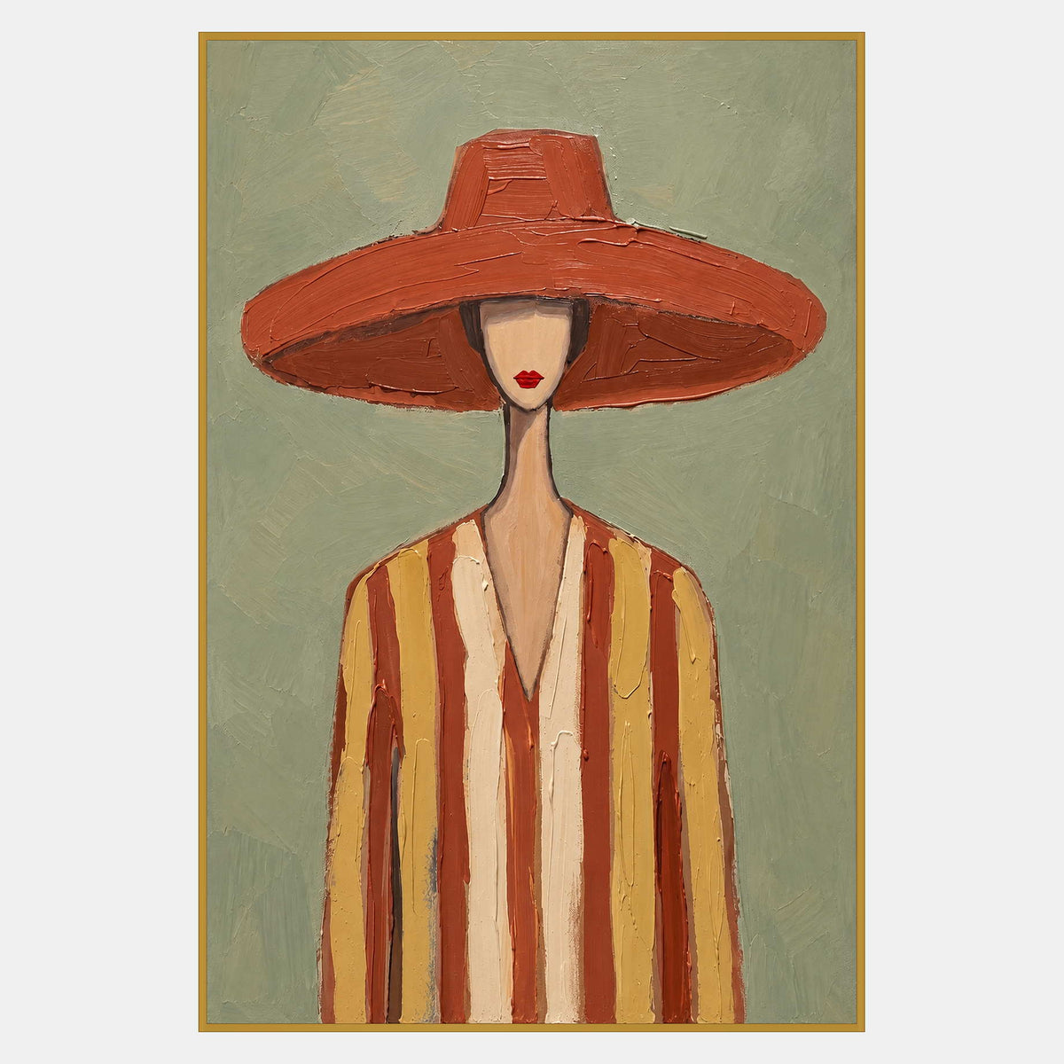 Tall figure in a broad terracotta hat and cream-yellow-rust striped clothing, with red lips on a pale green background.