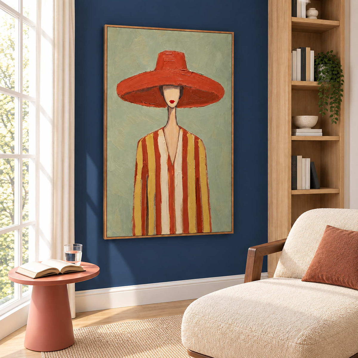 Terracotta-hat artwork beside a cream chaise and coral side table on a navy wall.