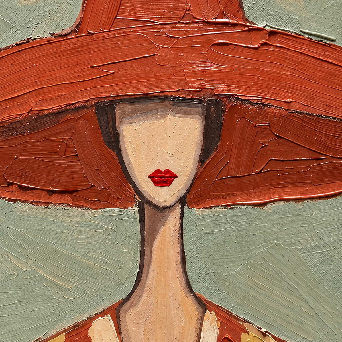 Detail of the broad terracotta brim, simplified pale face, red lips, and long neck.