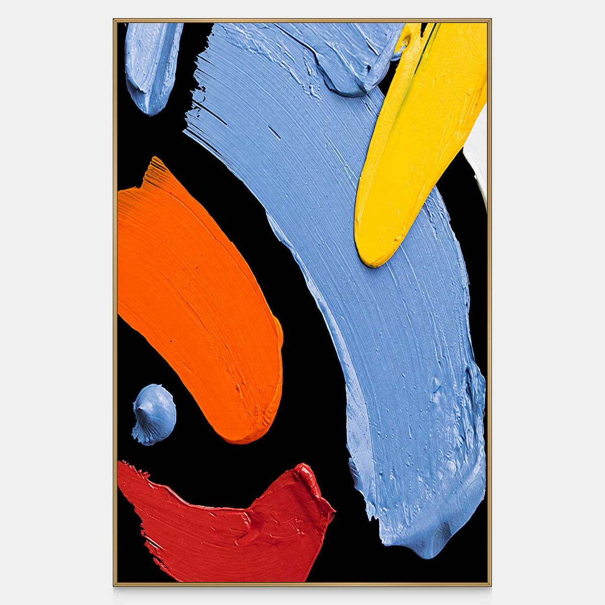 Vertical abstract painting with thick blue, orange, yellow, and red strokes on black.