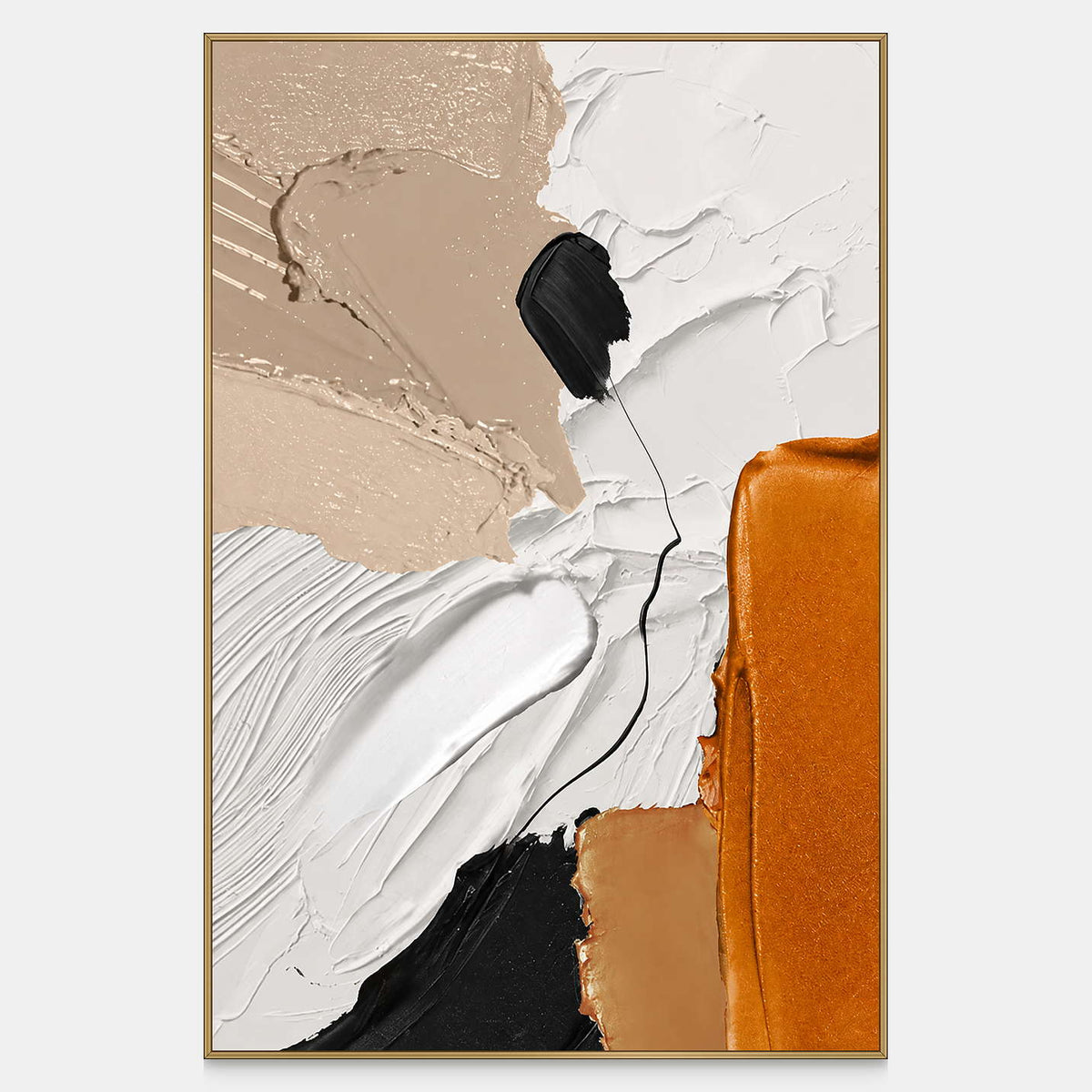 Vertical abstract painting with white ridges, beige and orange blocks, and a fine black line.