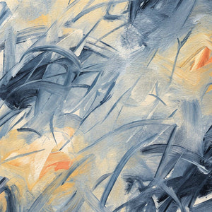 Close-up of Let Your Thoughts Wander showing overlapping blue-gray brush lines and light yellow and peach passages.