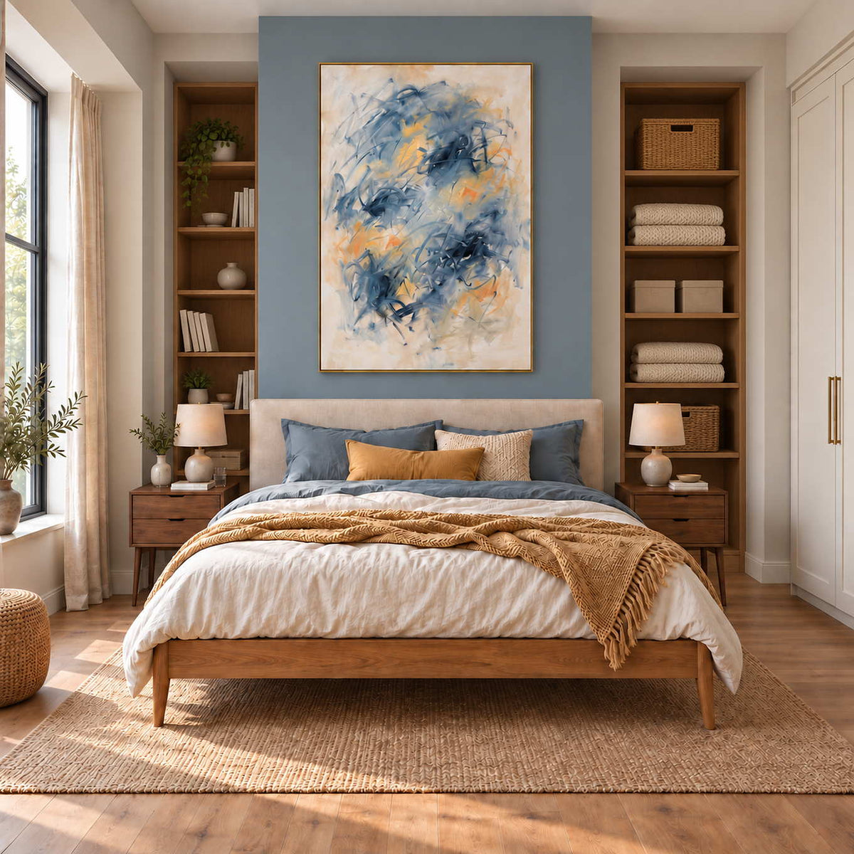 Let Your Thoughts Wander in a gold frame above a wood bed against a blue accent wall with recessed shelves.