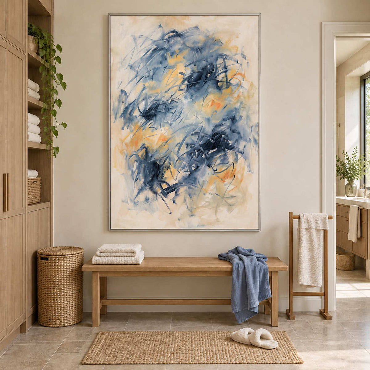 Let Your Thoughts Wander in a silver frame above a bench with blue and white towels in a bathroom dry area.