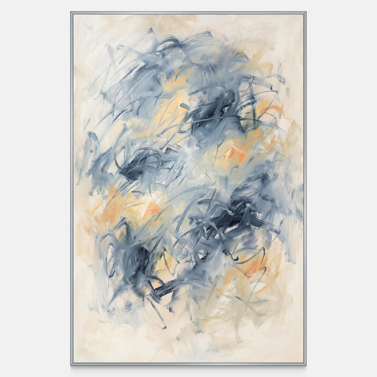 Front view of Let Your Thoughts Wander, with loose blue-gray lines and soft yellow and peach marks over a pale cream ground.