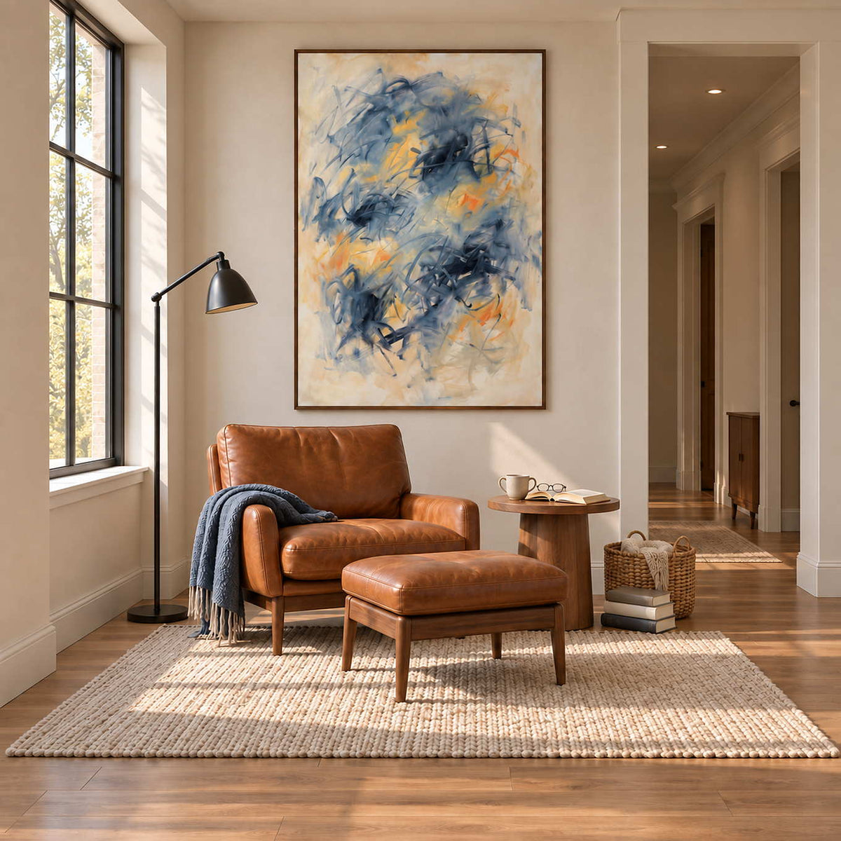 Let Your Thoughts Wander in a wood frame above a caramel leather chair and footstool beside a black reading lamp.
