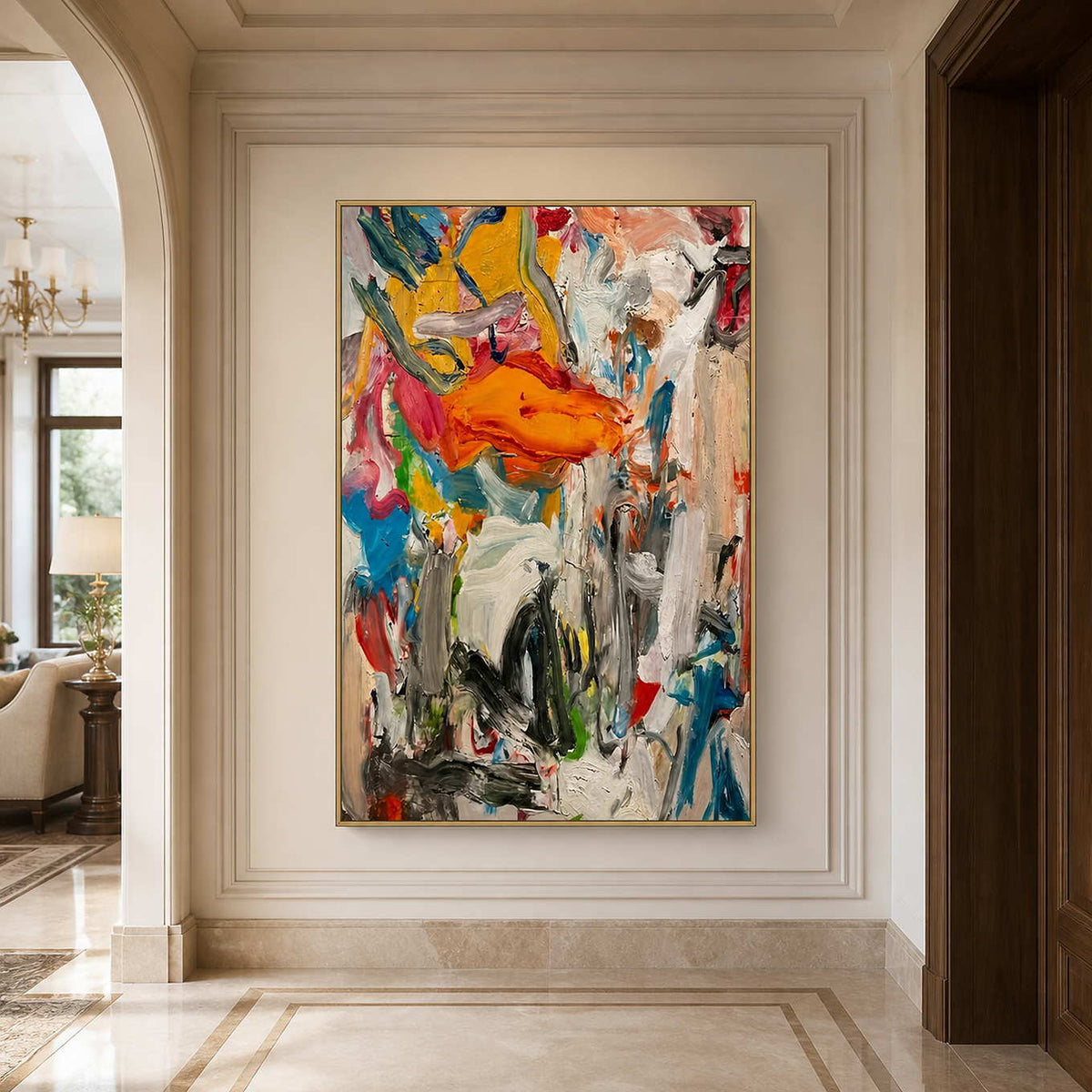 Gold framed multicolored abstract artwork on a paneled wall in a stone hallway.