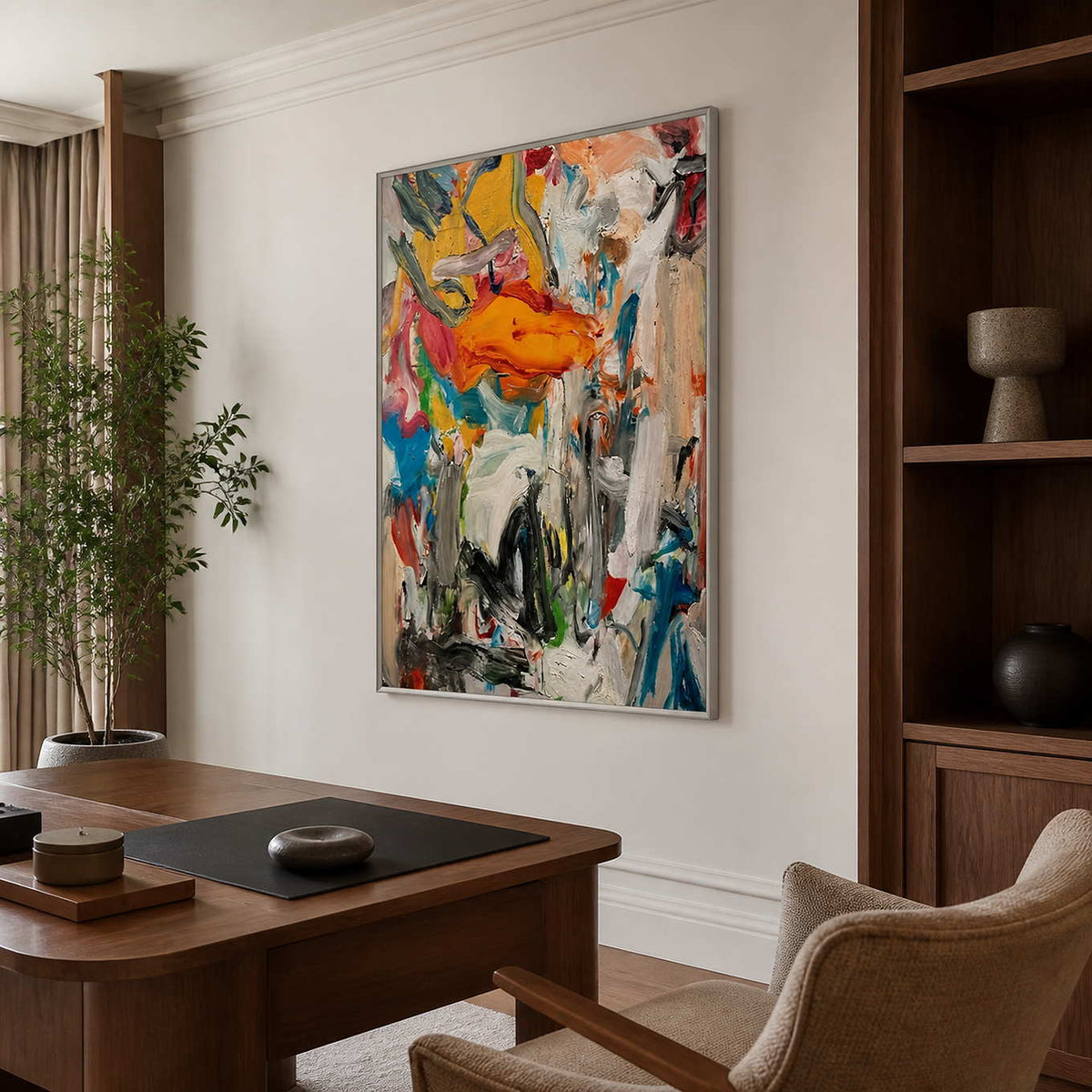 Silver framed expressive abstract artwork beside walnut shelves and a wooden study desk.