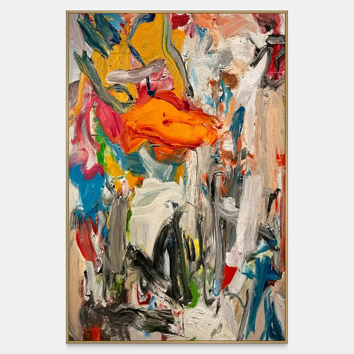 Letting Loose abstract artwork with a bold orange stroke among colorful layered brushwork.