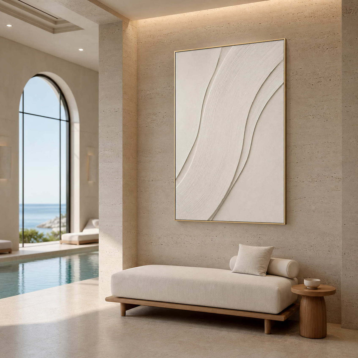 Textured Minimalist Wall Art displayed in a refined coastal living room.