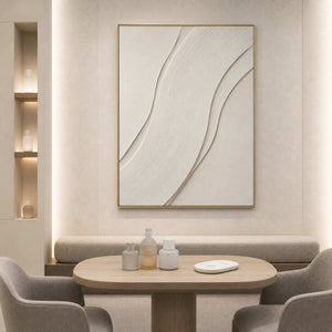 Textured Minimalist Wall Art displayed in a refined dining lounge.