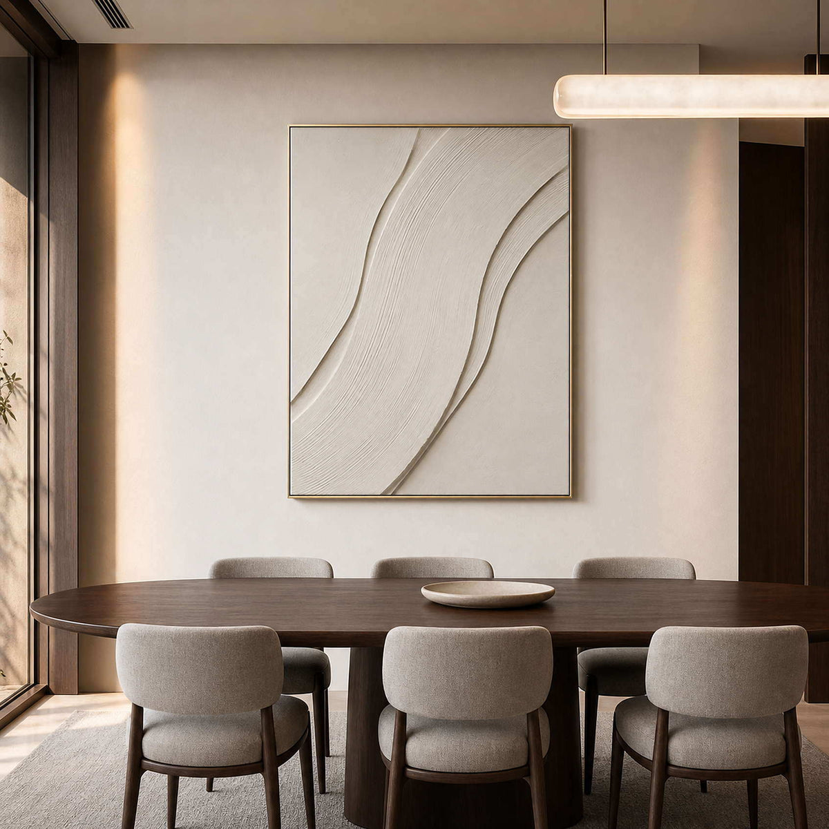 Textured Minimalist Wall Art displayed in a refined dining room.