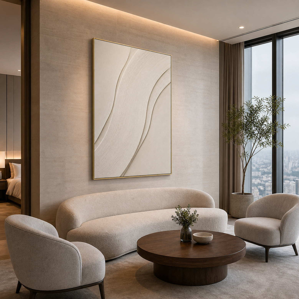 Textured Minimalist Wall Art displayed in a refined modern living room.