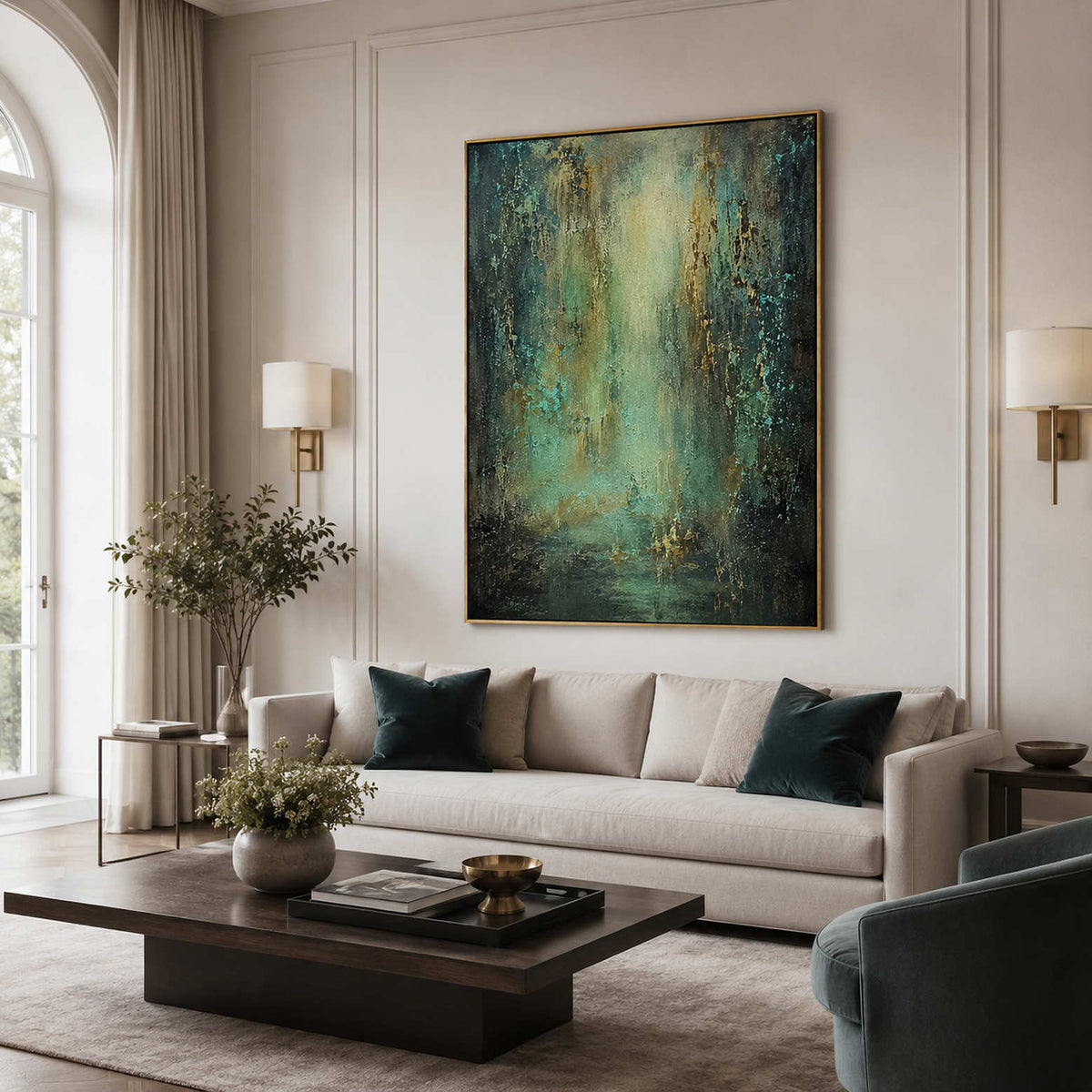 Wabi Sabi abstract wall art in an elegant contemporary living room