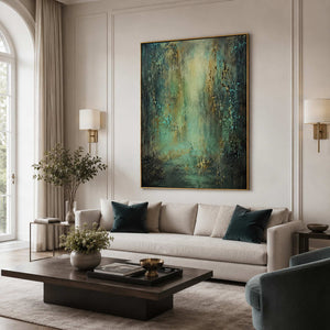 Wabi Sabi abstract wall art in an elegant contemporary living room